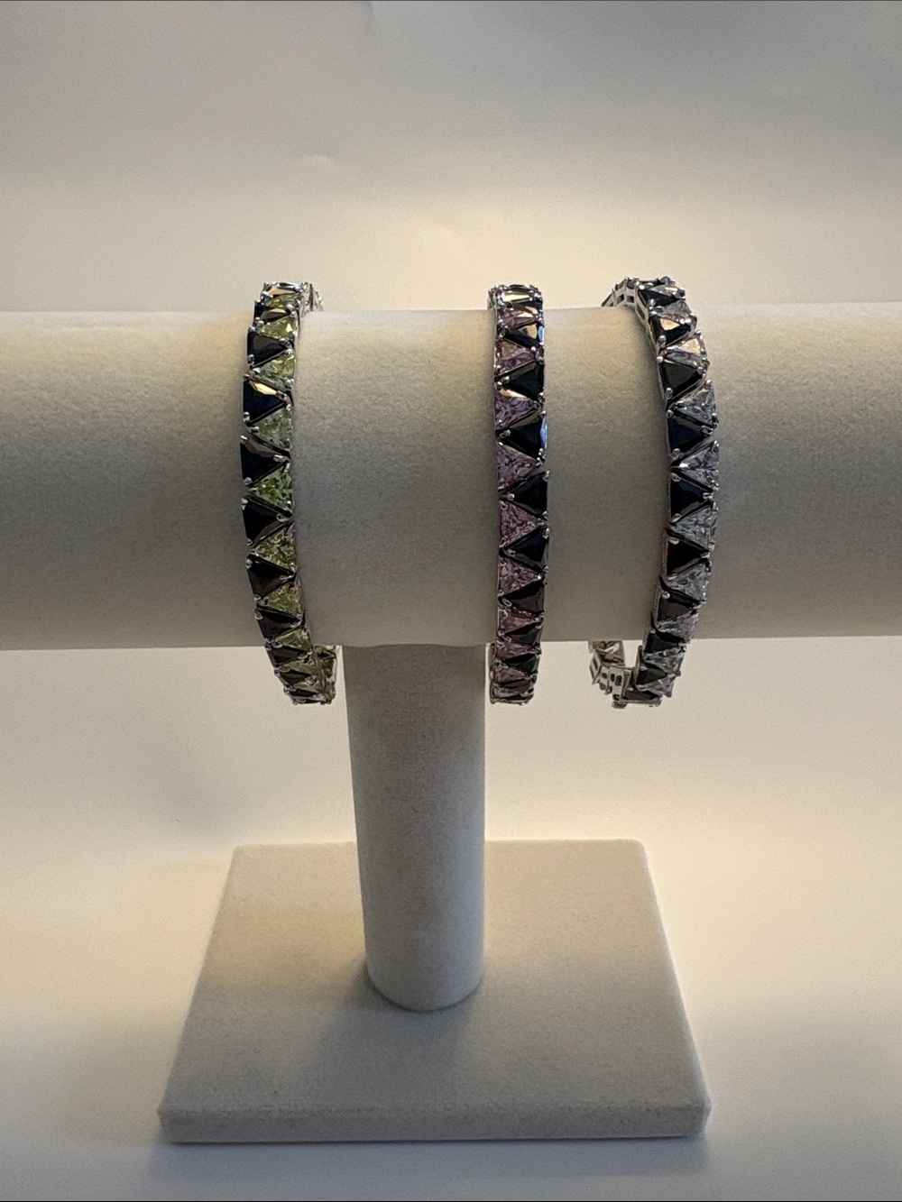 Sterling Silver Tennis Bracelets triangle shaped with Green, Pink or Clear Stone